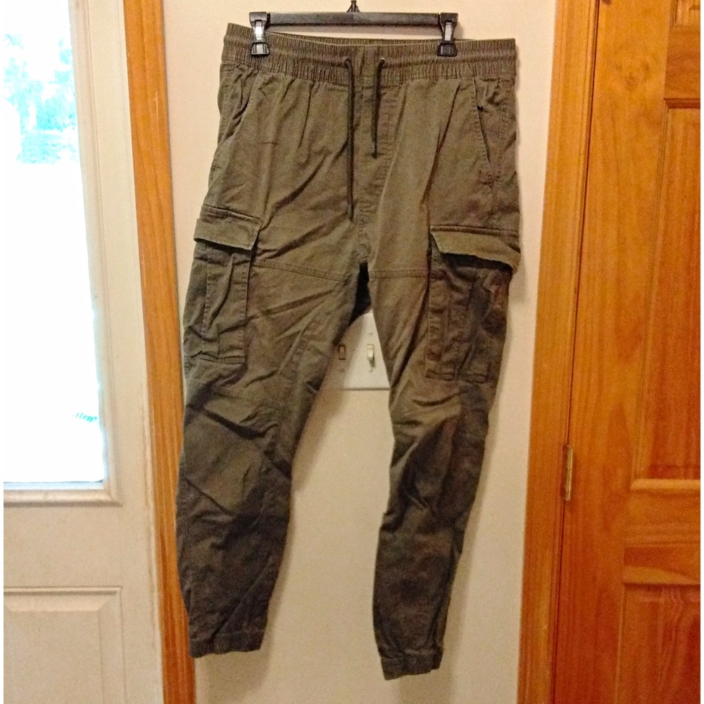 H&M Men's Green Cargo Jogger Pants Size M Solid Elastic Waist Drawstring